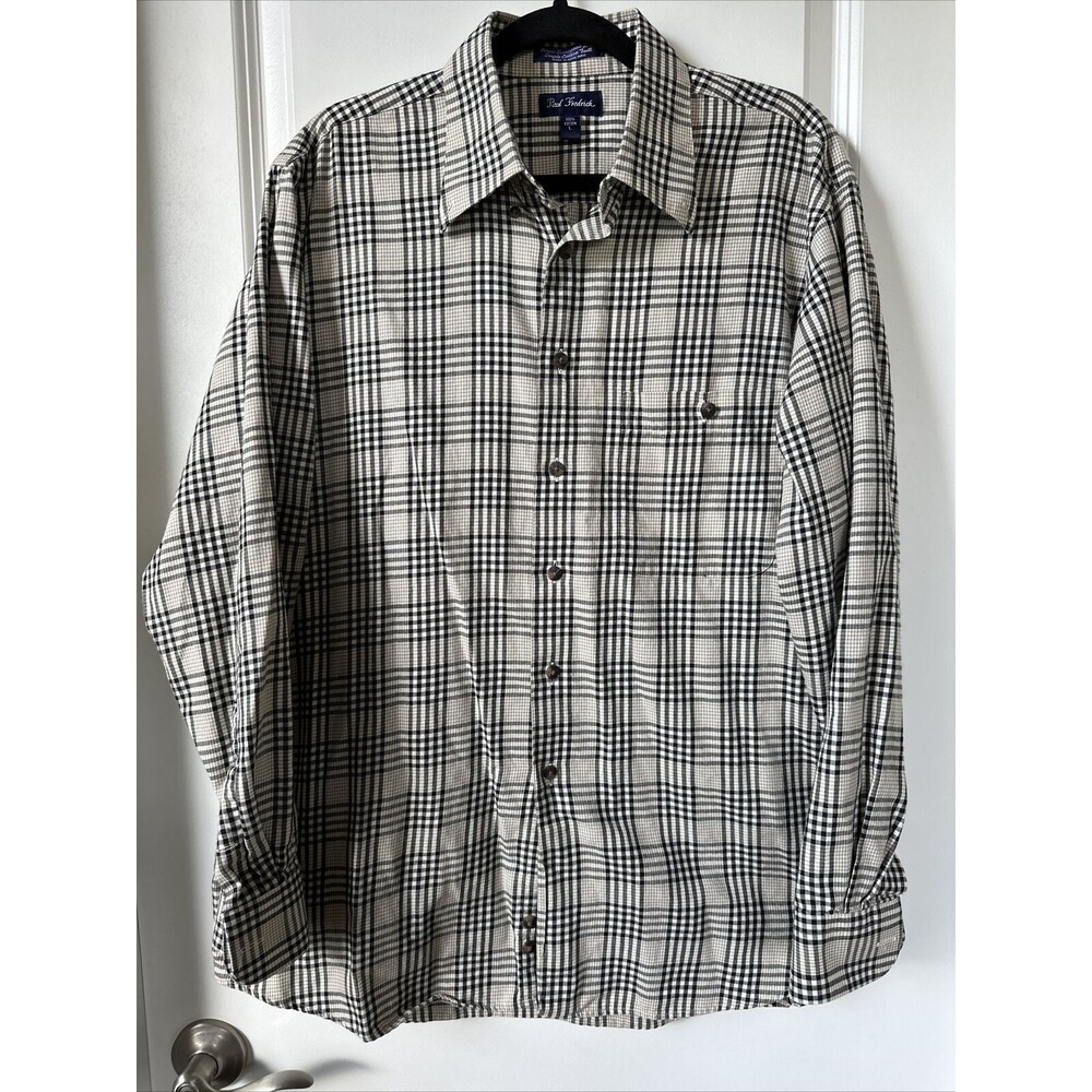 Paul Fredrick Shirt Mens Large Beige Black Plaid European Cotton Long Sleeve